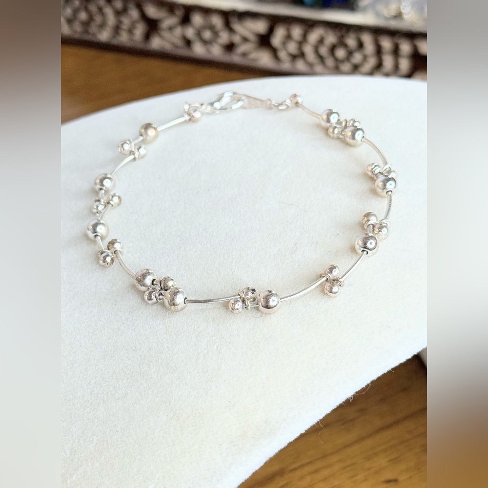 Sterling Silver Beaded Cluster Station Bracelet ~ 7” Delicate Design - Picture 3 of 8